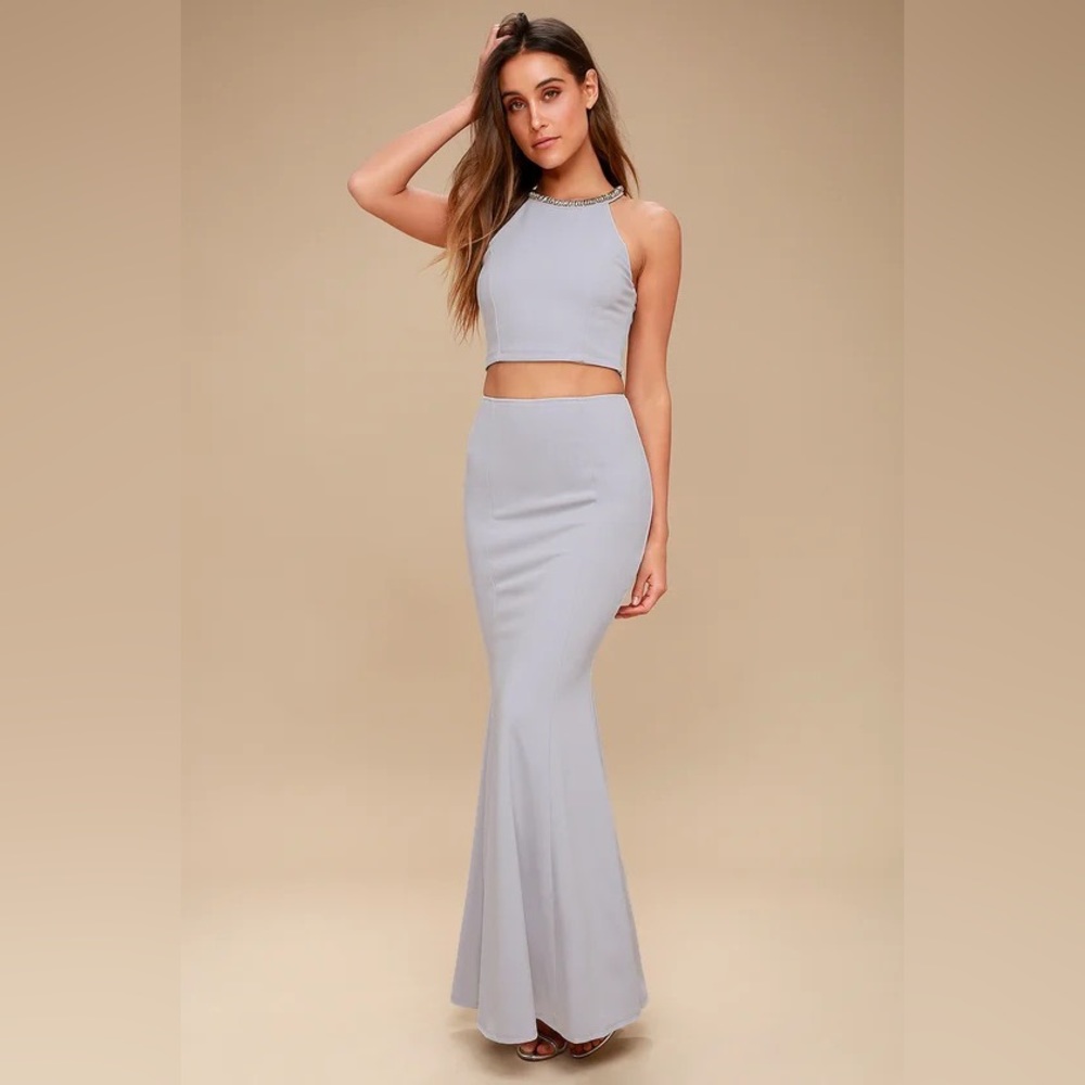 Lulus Shining Example Blue Grey Rhinestone Two-Piece Maxi Dress Size Small NWT